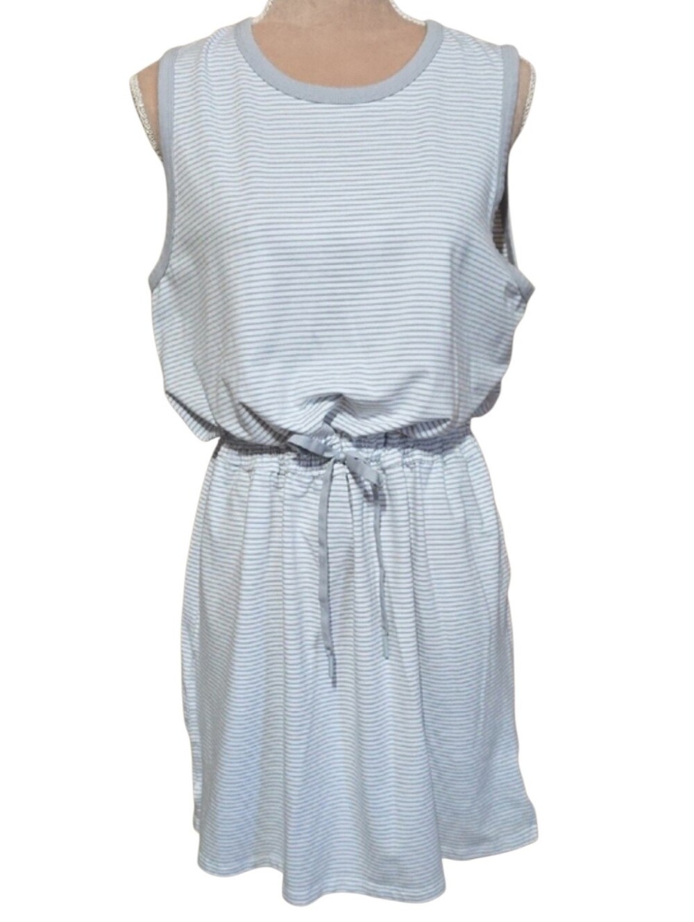 Members Mark Large Sleeveless Striped Drawstring Midi Dress - Light Blue/White